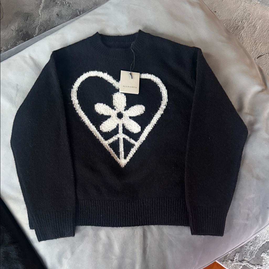 All Saints Black Sweater With White Heart And Flower Motif